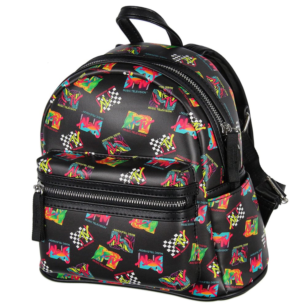 INTIMO MTV Music Television '80s Logo Tossed Print Zippered Mini Small Backpack Bag 10."