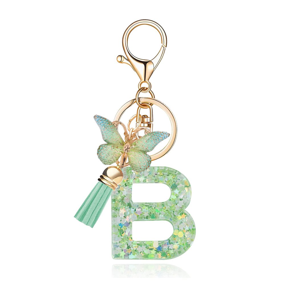 OKAICEN Fashion Alphabet Initial Letter Keychain Green Tassel Butterfly Pendant Key Ring for Purse Handbags Women Girl('B')