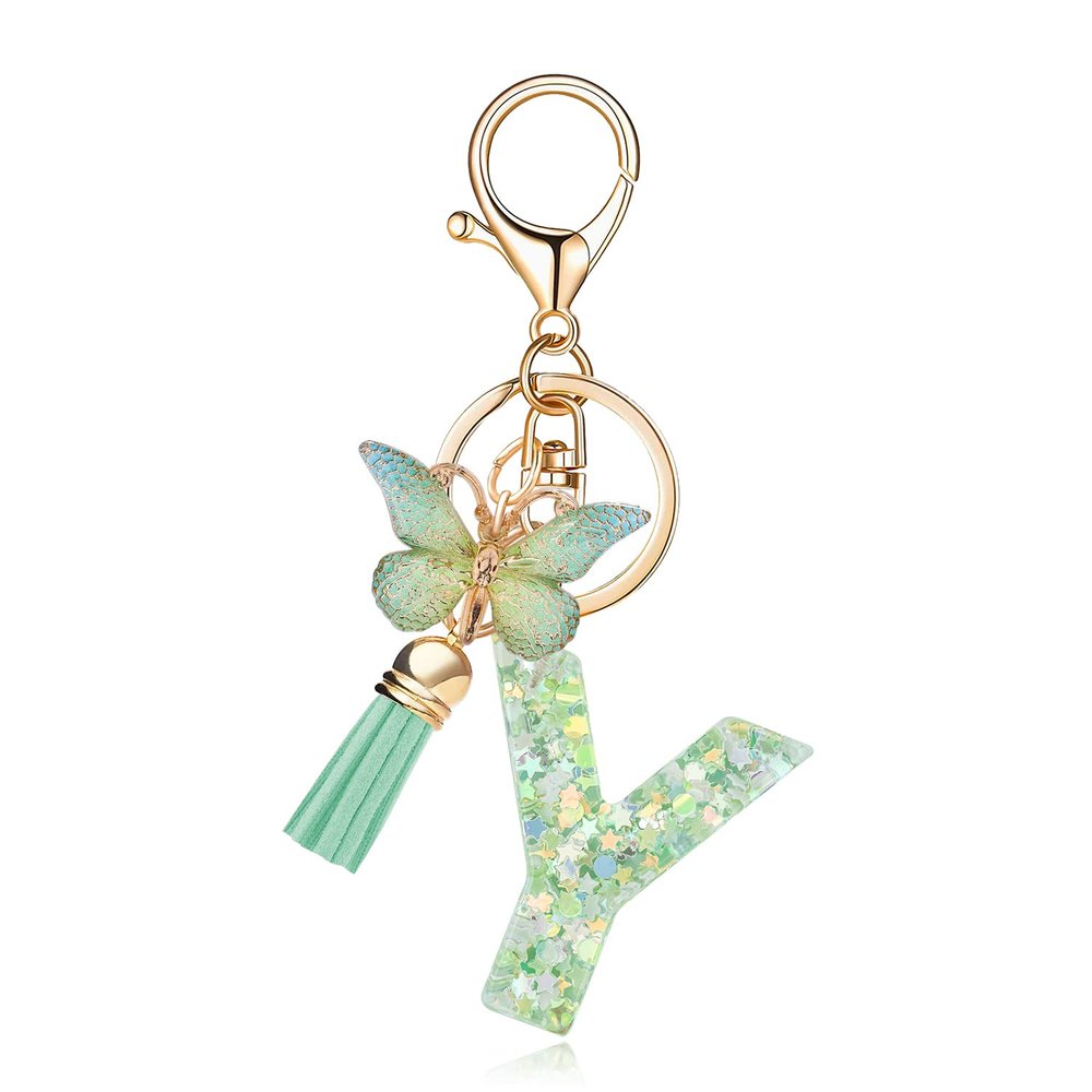 OKAICEN Fashion Alphabet Initial Letter Keychain Green Tassel Butterfly Pendant Key Ring for Purse Handbags Women Girl('Y')