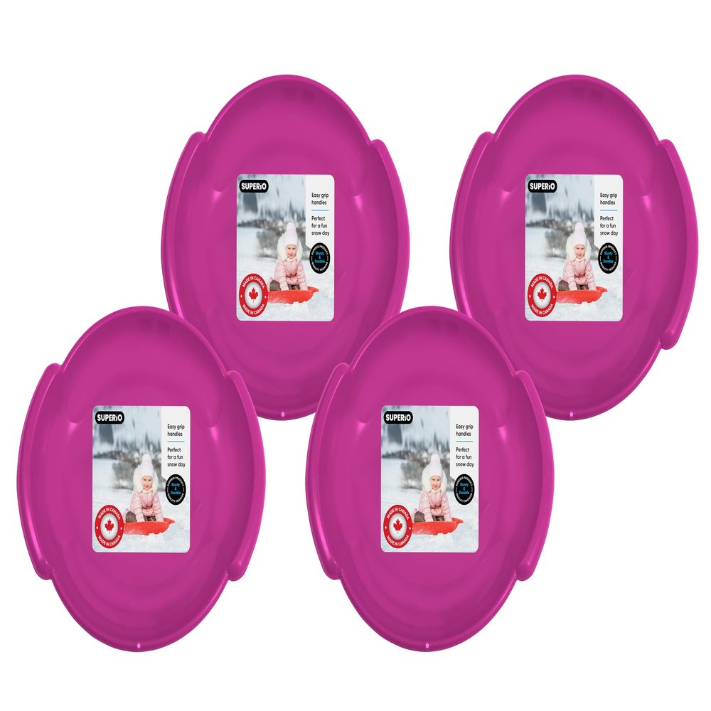 Superio Round Snow Saucer Sled- 24" Plastic Disc Sled for Kids and Adults- Heavy Duty Sled with Handles for Downhill Sledding, Winter Outdoor Sports (Fuchsia, 4 Pack)