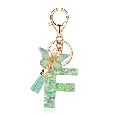 OKAICEN Fashion Alphabet Initial Letter Keychain Green Tassel Butterfly Pendant Key Ring for Purse Handbags Women Girl('F')
