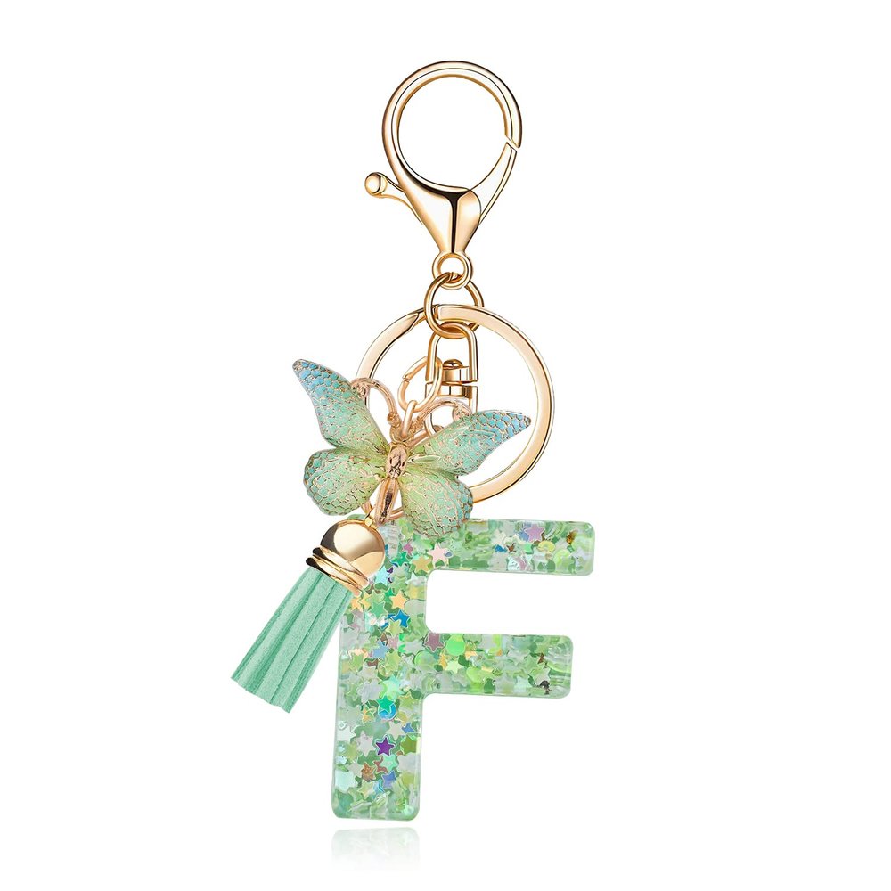 OKAICEN Fashion Alphabet Initial Letter Keychain Green Tassel Butterfly Pendant Key Ring for Purse Handbags Women Girl('F')