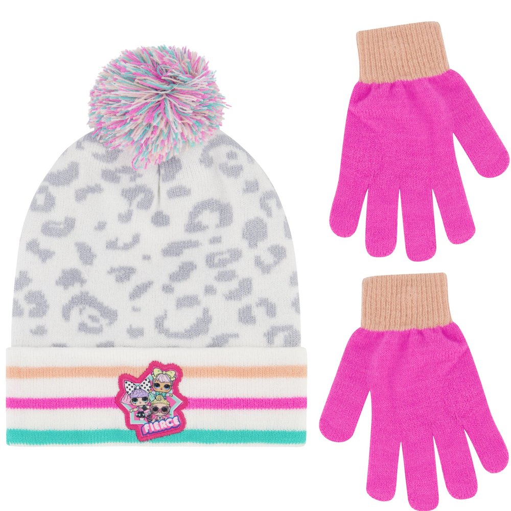 L.O.L. Surprise Beanie Hat and Gloves Set, Kids Cuffed Knitted Winter Cap with Pom and Matching Mittens, Grey, One Size