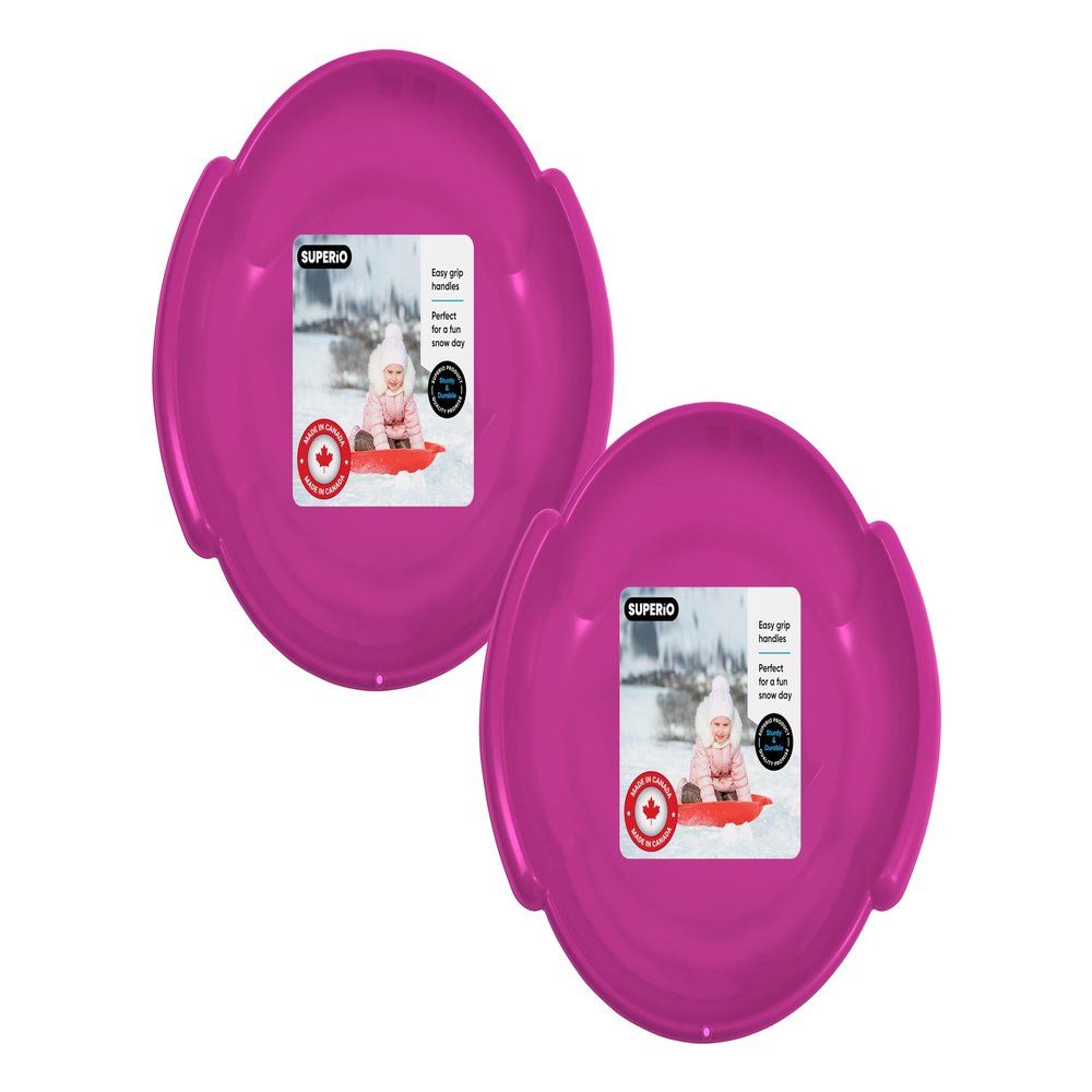 Superio Round Snow Saucer Sled- 24" Plastic Disc Sled for Kids and Adults- Heavy Duty Sled with Handles for Downhill Sledding, Winter Outdoor Sports (Fuchsia, 2 Pack)