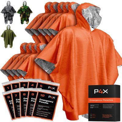PREPARED4X Emergency Mylar Blanket Survival Rain Cover with Hood Lightweight, Compact, Reusable Emergency Blanket for Hiking, Camping, Thermal Gear, Car Kit, Outdoors 10 Pack (Orange)