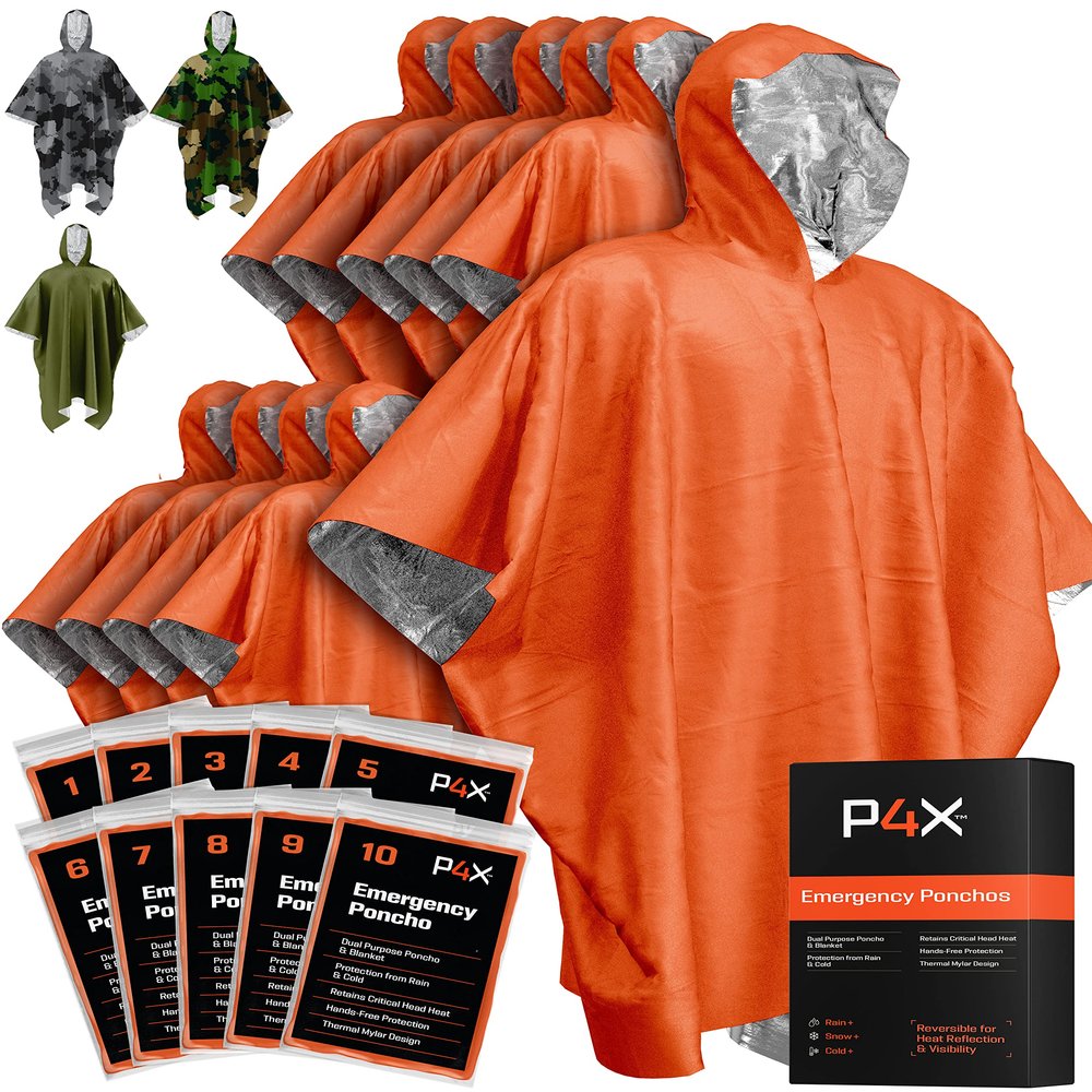 PREPARED4X Emergency Mylar Blanket Survival Rain Cover with Hood Lightweight, Compact, Reusable Emergency Blanket for Hiking, Camping, Thermal Gear, Car Kit, Outdoors 10 Pack (Orange)