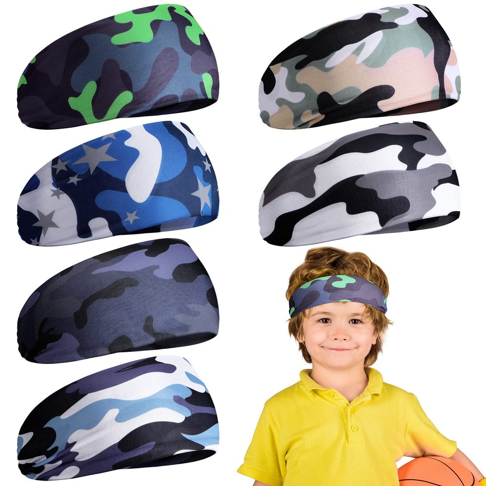 6 Pcs Kids Headbands - Athletic Sweatbands, Football Headbands, Sweat Absorbing Elastic Hairbands (Camouflage)
