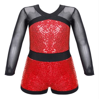 FEESHOW Girls Kids One-Piece Sequins Long Sleeve Gymnastics Leotards Short Jumpsuit for Dance Unitards Biketards Red B 14 Years