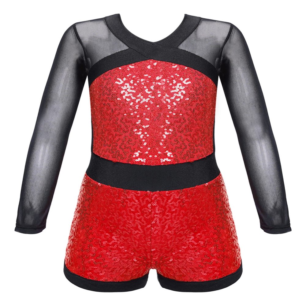 FEESHOW Girls Kids One-Piece Sequins Long Sleeve Gymnastics Leotards Short Jumpsuit for Dance Unitards Biketards Red B 14 Years