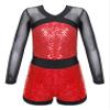 FEESHOW Girls Kids One-Piece Sequins Long Sleeve Gymnastics Leotards Short Jumpsuit for Dance Unitards Biketards Red B 14 Years view 1