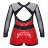 FEESHOW Girls Kids One-Piece Sequins Long Sleeve Gymnastics Leotards Short Jumpsuit for Dance Unitards Biketards Red B 14 Years view 2