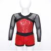 FEESHOW Girls Kids One-Piece Sequins Long Sleeve Gymnastics Leotards Short Jumpsuit for Dance Unitards Biketards Red B 14 Years view 3