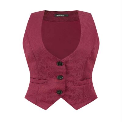 Allegra K Vintage Vest for Women's Button Up Jacquard Steampunk Suit Waistcoat with Pockets Large Burgundy
