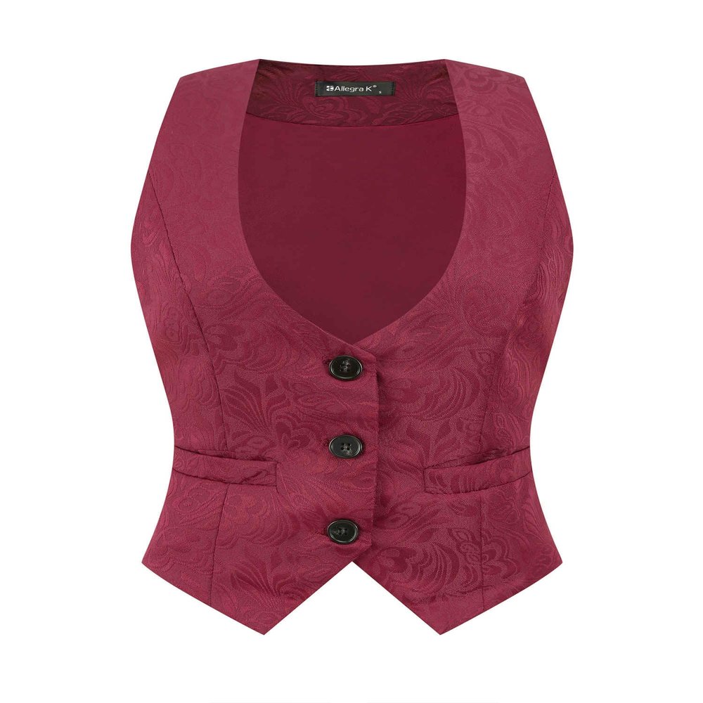Allegra K Vintage Vest for Women's Button Up Jacquard Steampunk Suit Waistcoat with Pockets Large Burgundy