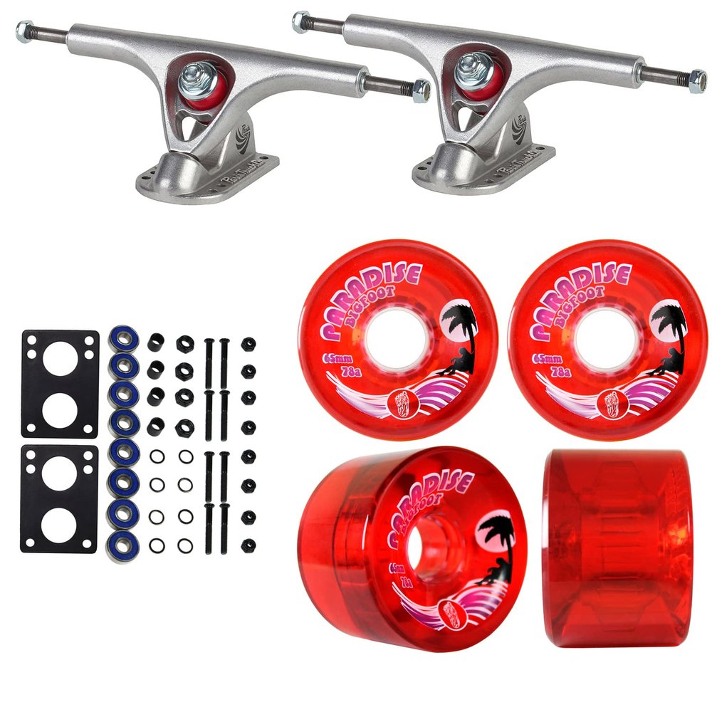 TGM Skateboards Premium Longboard Upgrade Kit with Paris Trucks, Wheels, Hardware, and ABEC 7 Bearings Kit - V2 180 Raw + Bigfoot 65mm 78A Red