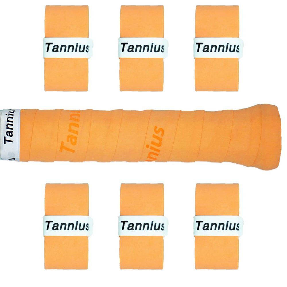 Tannius Tennis Racket Grip Tape, 6 Pack Tacky Tennis Grips, Absorbent and Enhanced Tennis Racquet Overgrip (6-Pack Orange)