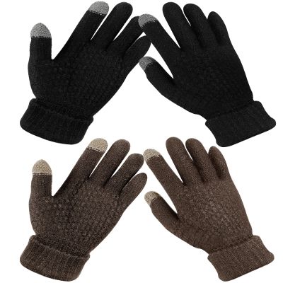 Geyoga 2 Pairs Women's Winter Touch Screen Gloves Soft Warm Fleece Lined Knit Elastic Cuff Winter Texting Gloves(Black, Coffee)