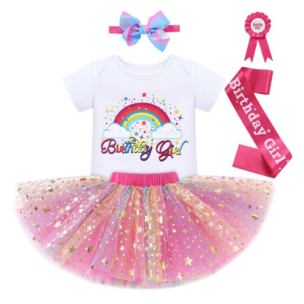 IDOPIP Rainbow Unicorn 1st 2nd 3rd Birthday Girl Outfit Baby Romper Tutu Skirt Headband Sash Badge 5PCS Princess Bowknot Tutu dress Clothes Set for Cake Smash Photo Shoot Hot Pink - Rainbow 3 Years