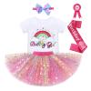 IDOPIP Rainbow Unicorn 1st 2nd 3rd Birthday Girl Outfit Baby Romper Tutu Skirt Headband Sash Badge 5PCS Princess Bowknot Tutu dress Clothes Set for Cake Smash Photo Shoot Hot Pink - Rainbow 3 Years view 1