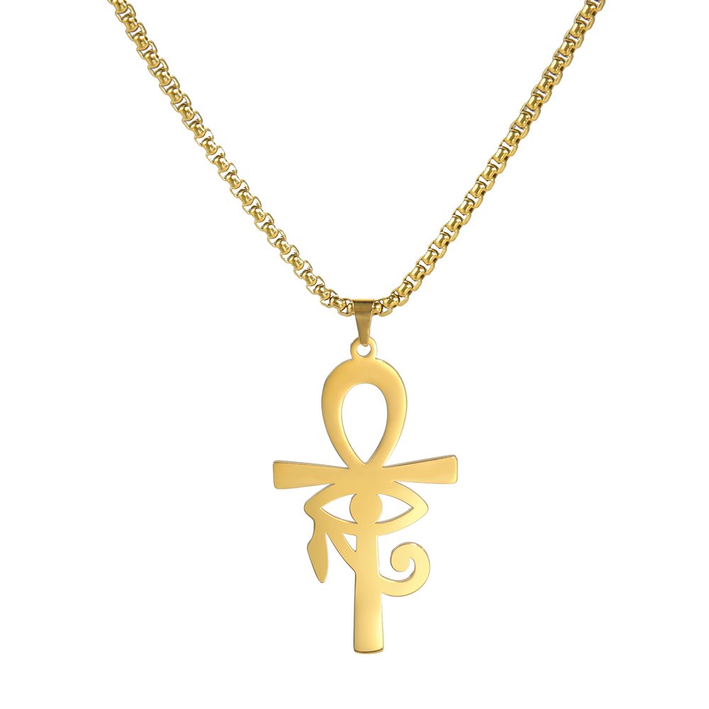 Egyptian Cross Eye of Horus Pendant Necklace Key of Life Pendant Ankh Figaro Chain Ugarte Gold Religious Jewelry Stainless Steel (gold)