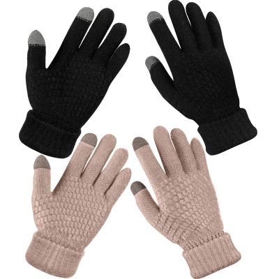 Geyoga 2 Pairs Women's Winter Touch Screen Gloves Soft Warm Fleece Lined Knit Elastic Cuff Winter Texting Gloves(Black, Caramel Color)