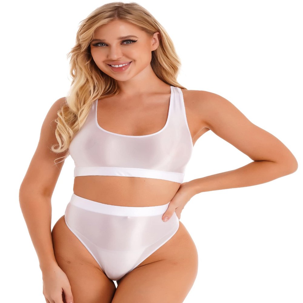 Agoky Women Shiny Glossy Racerback Vest Crop Top High Waist Shorts Bikini Bottoms Outfits Set White A X-Large