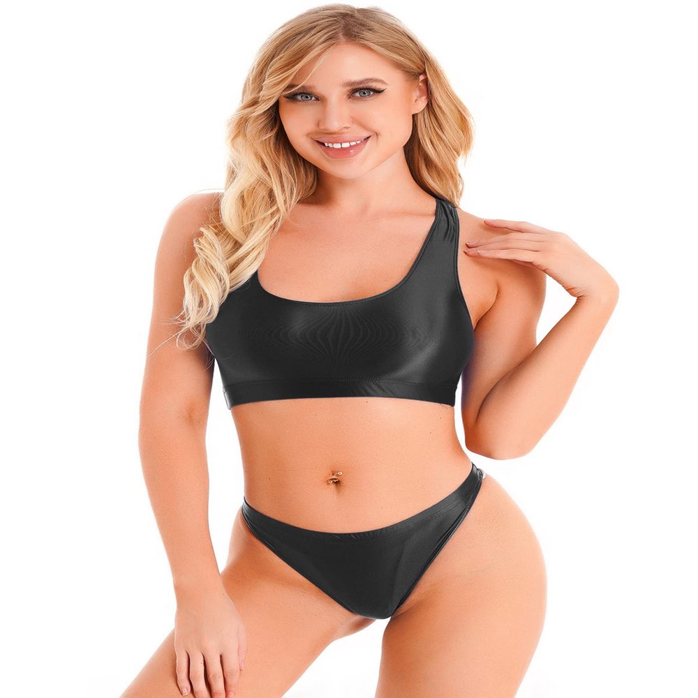 Agoky Women Shiny Glossy Racerback Vest Crop Top High Waist Shorts Bikini Bottoms Outfits Set Black B Large
