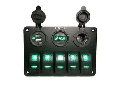 5 Gang Rocker Toggle Switch Panel Aluminum Waterproof Led Car Truck Marine Boat RV Camper Digital Voltmeter Display Dual USB Volt Socket 12V 24V