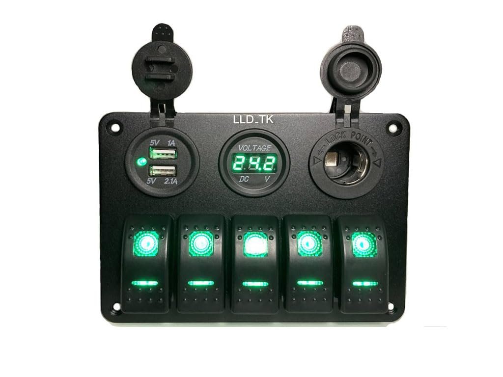 5 Gang Rocker Toggle Switch Panel Aluminum Waterproof Led Car Truck Marine Boat RV Camper Digital Voltmeter Display Dual USB Volt Socket 12V 24V