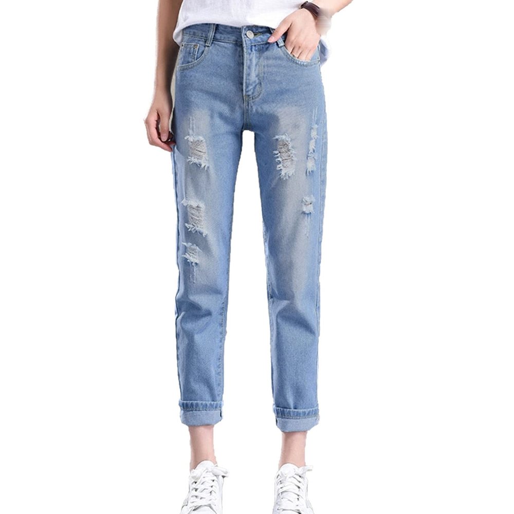 Maiyifu-GJ Ripped Jeans for Women Mid Waisted Skinny Straight Destroyed Denim Pants Slim Fit Distressed Stretch Jean Trouser (Light Blue,28)