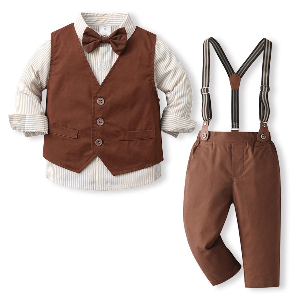 ALINTU Boys Dress Clothes, Long Sleeve Dress Shirt + Vest + Suspender Pants Set, Gentleman Outfits for Boys, Brown, 7-8 Years = Tag 150