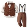 ALINTU Boys Dress Clothes, Long Sleeve Dress Shirt + Vest + Suspender Pants Set, Gentleman Outfits for Boys, Brown, 7-8 Years = Tag 150 view 1