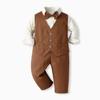ALINTU Boys Dress Clothes, Long Sleeve Dress Shirt + Vest + Suspender Pants Set, Gentleman Outfits for Boys, Brown, 7-8 Years = Tag 150 view 2