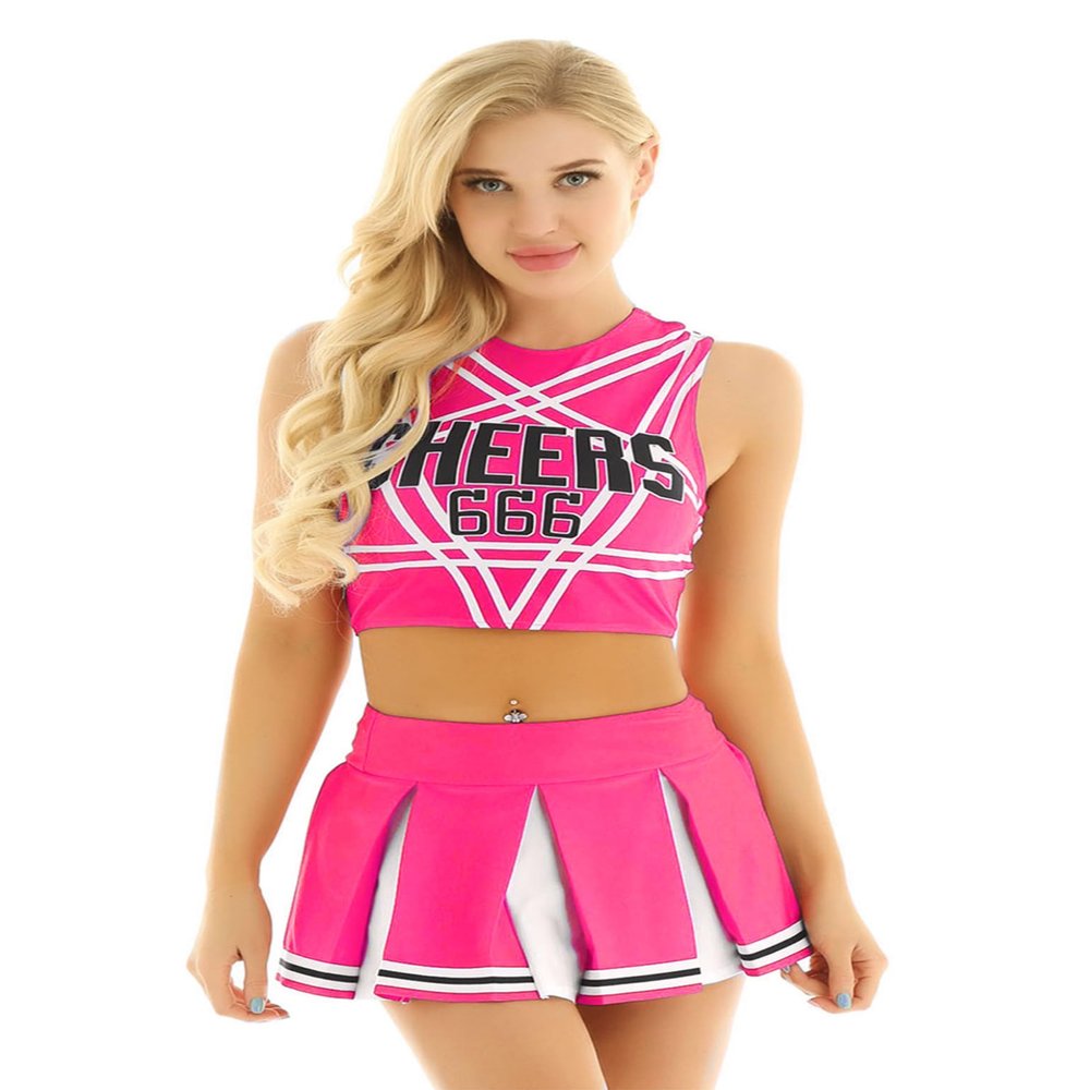 Moggemol Women Cheer Leader Costume Uniform Crop Top with Pleated Mini Skirt Cheerleading Dress Outfit Fuscia Large
