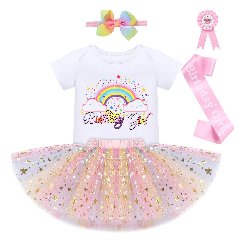 IDOPIP Rainbow Unicorn 1st 2nd 3rd Birthday Girl Outfit Baby Romper Tutu Skirt Headband Sash Badge 5PCS Princess Bowknot Tutu dress Clothes Set for Cake Smash Photo Shoot Pink - Rainbow 1 Year