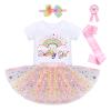IDOPIP Rainbow Unicorn 1st 2nd 3rd Birthday Girl Outfit Baby Romper Tutu Skirt Headband Sash Badge 5PCS Princess Bowknot Tutu dress Clothes Set for Cake Smash Photo Shoot Pink - Rainbow 1 Year view 1