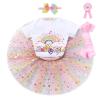 IDOPIP Rainbow Unicorn 1st 2nd 3rd Birthday Girl Outfit Baby Romper Tutu Skirt Headband Sash Badge 5PCS Princess Bowknot Tutu dress Clothes Set for Cake Smash Photo Shoot Pink - Rainbow 1 Year view 3