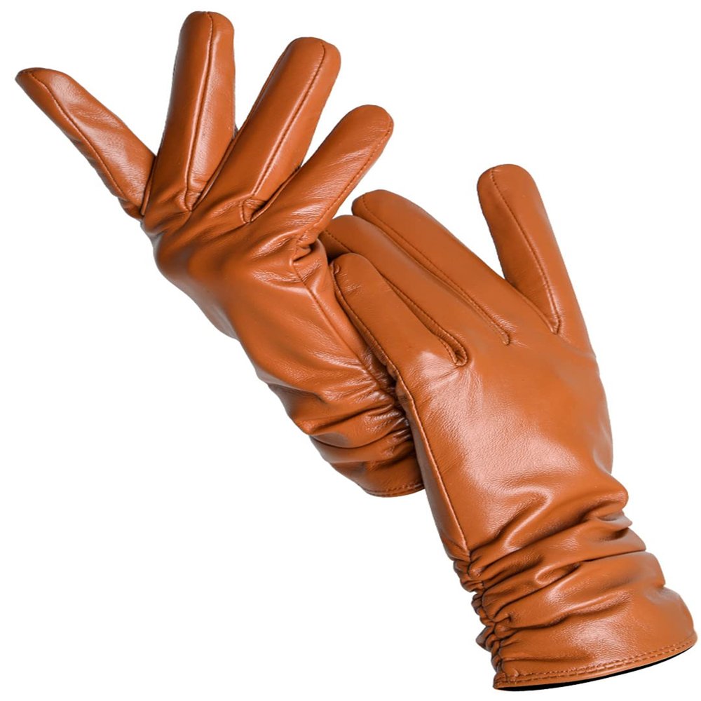 Yeuyyben Women's Sheepskin Gloves Winter Warm Plus Short Thin Driving Women's Leather Gloves Mustard Standard 6.5