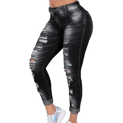 Maiyifu-GJ Women's Ripped Mid Rise Stretch Jeans Distressed Skinny Boyfriend Denim Pants Slim Fit Destroyed Butt Lifting Jean (Dark Grey,Medium)