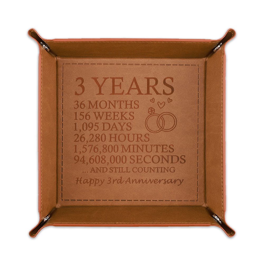 3 Years Marriage Anniversary Gift for Couple, Engraved Leather Valet Tray Gift For Husband From Wife, Happy 3rd Anniversary Presents for Him for Her, Leather Storage & Organization Jewelry Trays