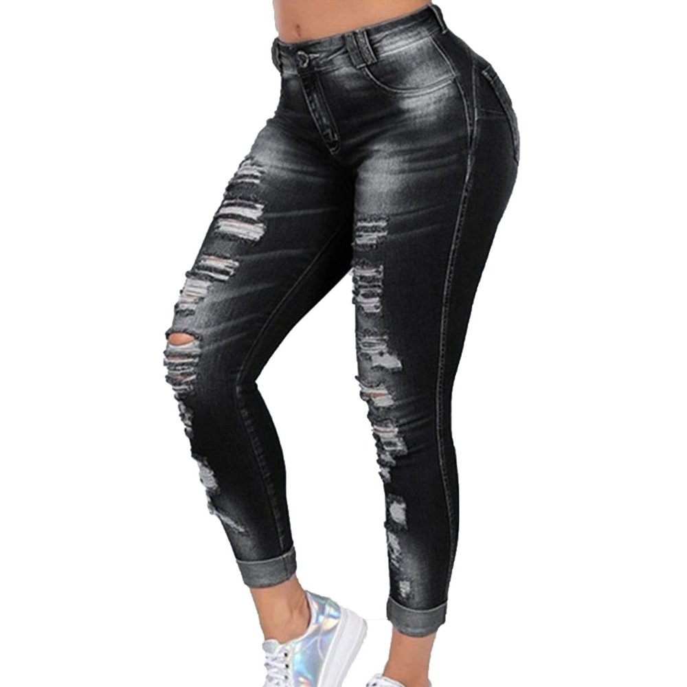 Maiyifu-GJ Women's Ripped Mid Rise Stretch Jeans Distressed Skinny Boyfriend Denim Pants Slim Fit Destroyed Butt Lifting Jean (Dark Grey,XX-Large)