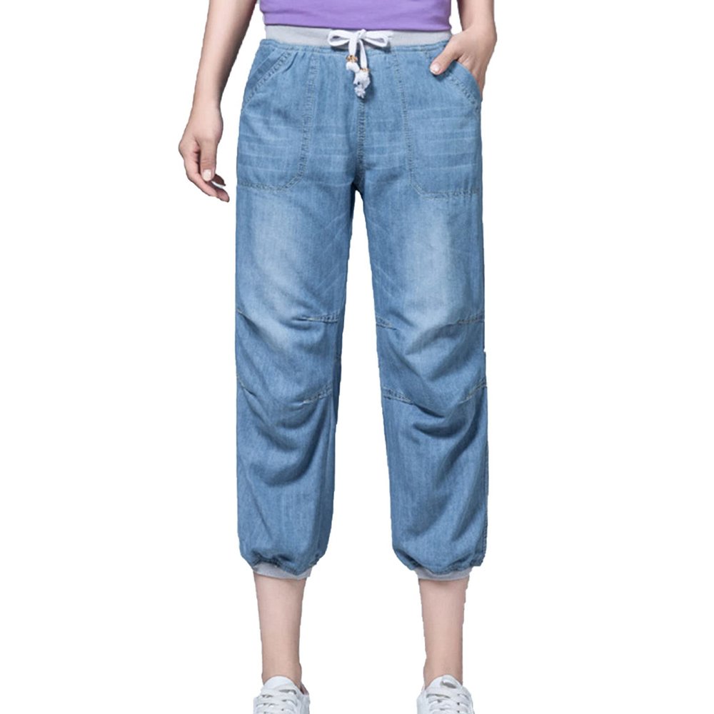 Maiyifu-GJ Women's Classic Pull-on Cropped Jeans Elastic Waist Bloomers Denim Pants Lightweight Drawstring Jean Trousers (Light Blue,Small)