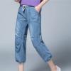 Maiyifu-GJ Women's Classic Pull-on Cropped Jeans Elastic Waist Bloomers Denim Pants Lightweight Drawstring Jean Trousers (Light Blue,Small) view 2
