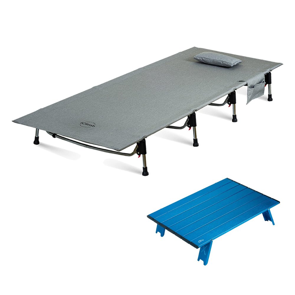 iClimb 1 Mini Folding Table and 1 Super Easy Assemble Cot Bundle, Ultralight Compact for Adults Outdoor Backpacking Camping Glamping Hiking Motorcycling Travelling