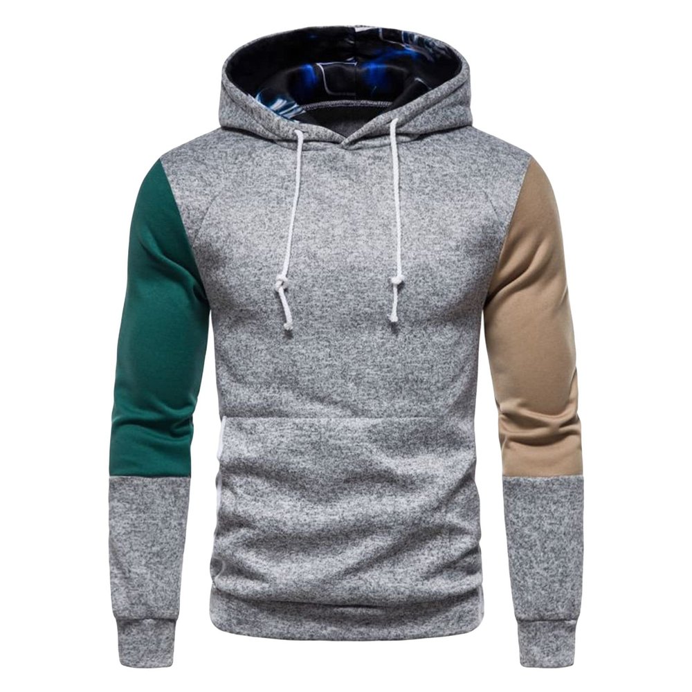 JEsilunmaMY Pullover Hoodies for Men Color Block Long Sleeve Sweatshirt with Pocket Slim Fit Drawstring Jumper Tunic Tops (Grey,XX-Large)