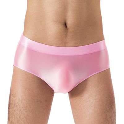 Daenrui Men Shiny Oil Silk Low Rise Pouch Underwear Elastic Bikini Briefs Swimwear Underpants Panties Pink XX-Large