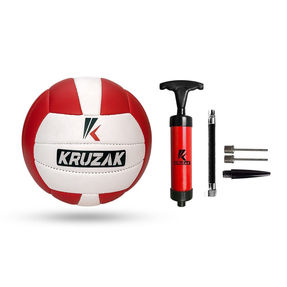 Kruzak Hand Stitched Volleyball | Indoor Recreational Outdoor Beach Ball with complimentary Air Pump | Boys, Girls, Kids Youth, Adults, and Beginners - Red