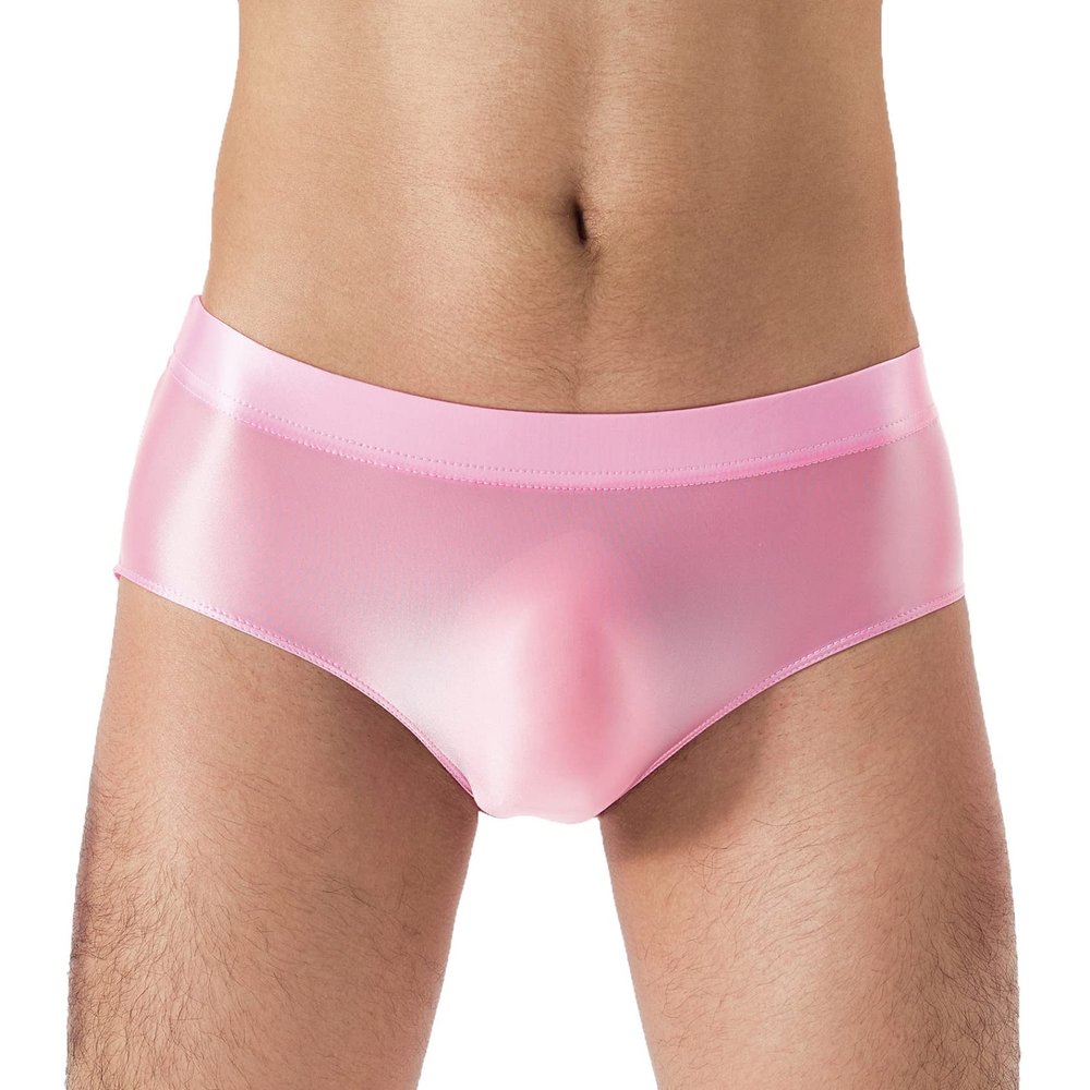 Daenrui Men Shiny Oil Silk Low Rise Pouch Underwear Elastic Bikini Briefs Swimwear Underpants Panties Pink X-Large