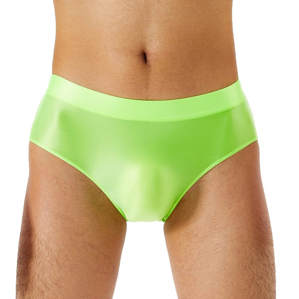 Daenrui Men Shiny Oil Silk Low Rise Pouch Underwear Elastic Bikini Briefs Swimwear Underpants Panties Fluorescent Green X-Large
