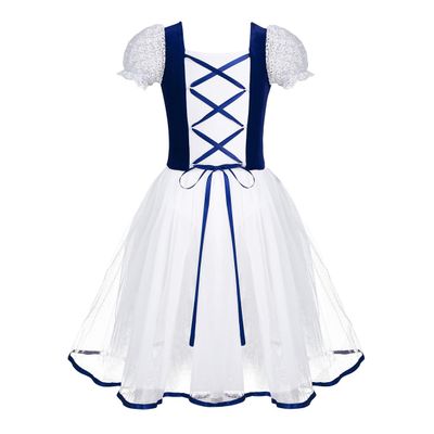 renvena Kids Girls Ballet Gymnastics Dress Soft Velvet Short Sleeve Ribbon Hem Mesh Skirt Pageant Ball Gown Navy Blue 9-10 Years